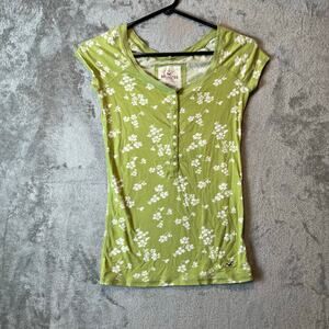 Y2K‎ Hollister Baby Tee Green Floral Button-Up Cap Sleeve Top Size Small
